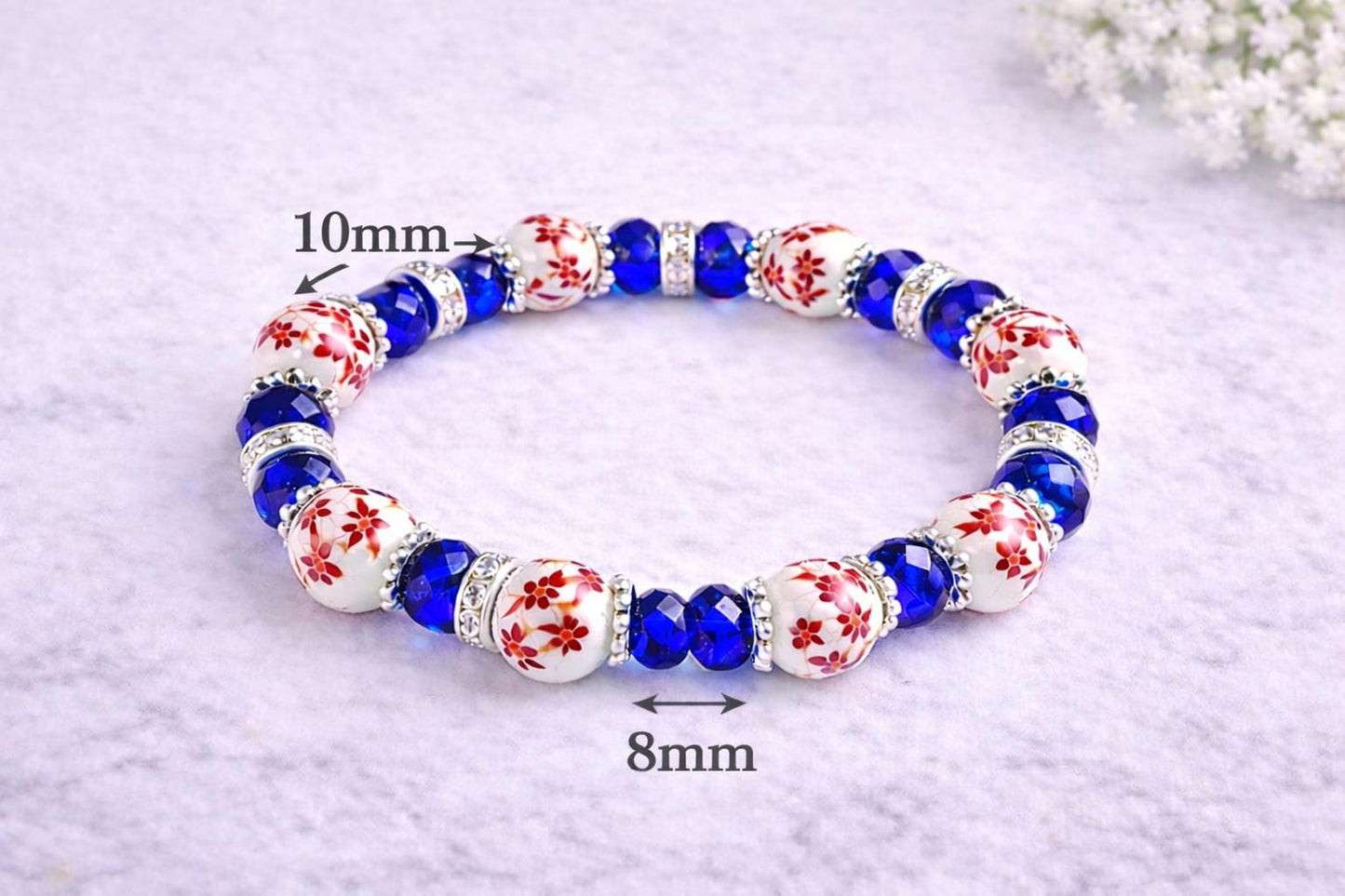 Blue Floral Stretch Bracelet for Women, Hypoallergenic Porcelain & Crystal Bracelet, Custom Comfort Bracelet, Elegant Everyday Jewelry Gift