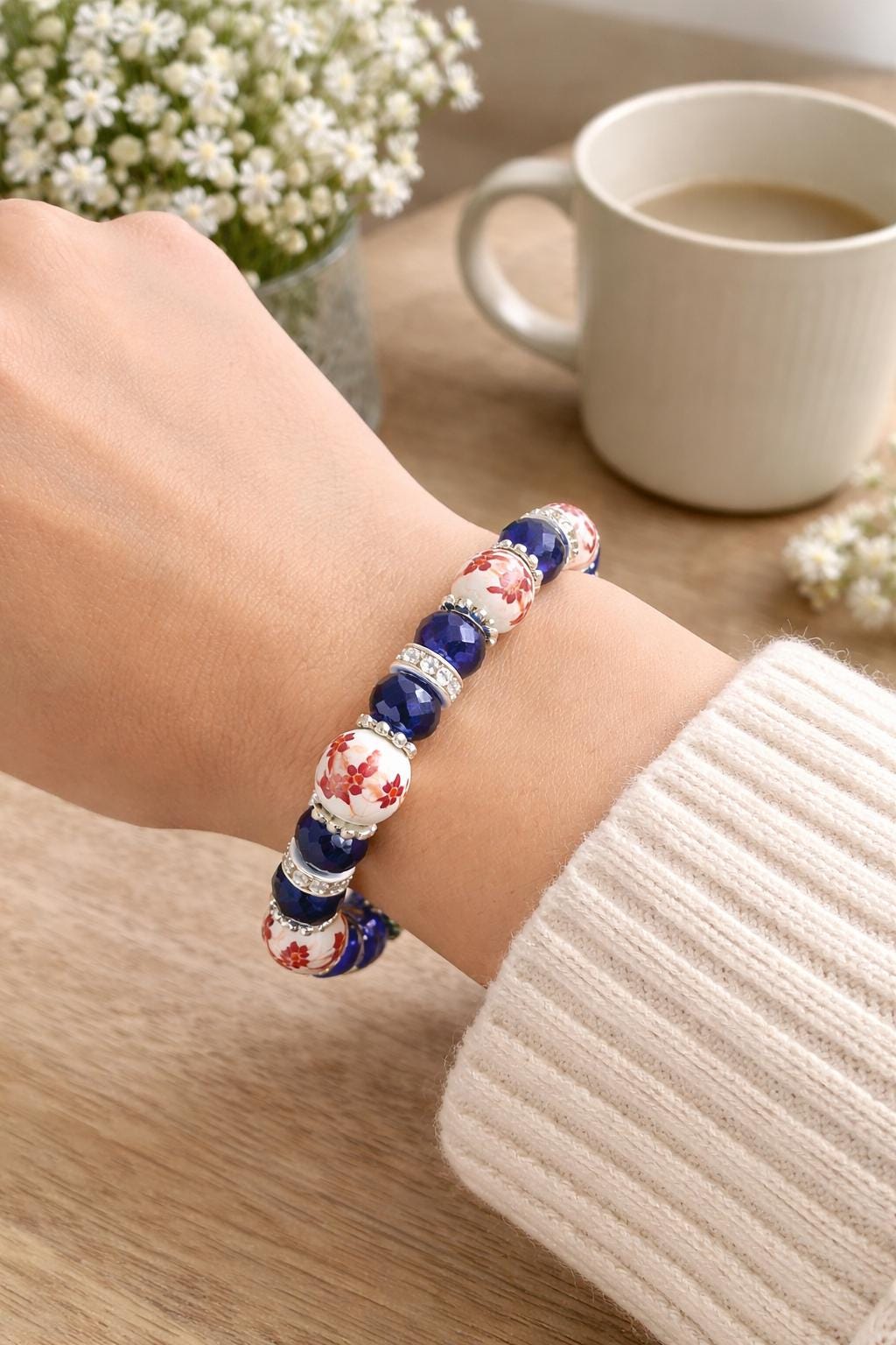 Blue Floral Stretch Bracelet for Women, Hypoallergenic Porcelain & Crystal Bracelet, Custom Comfort Bracelet, Elegant Everyday Jewelry Gift