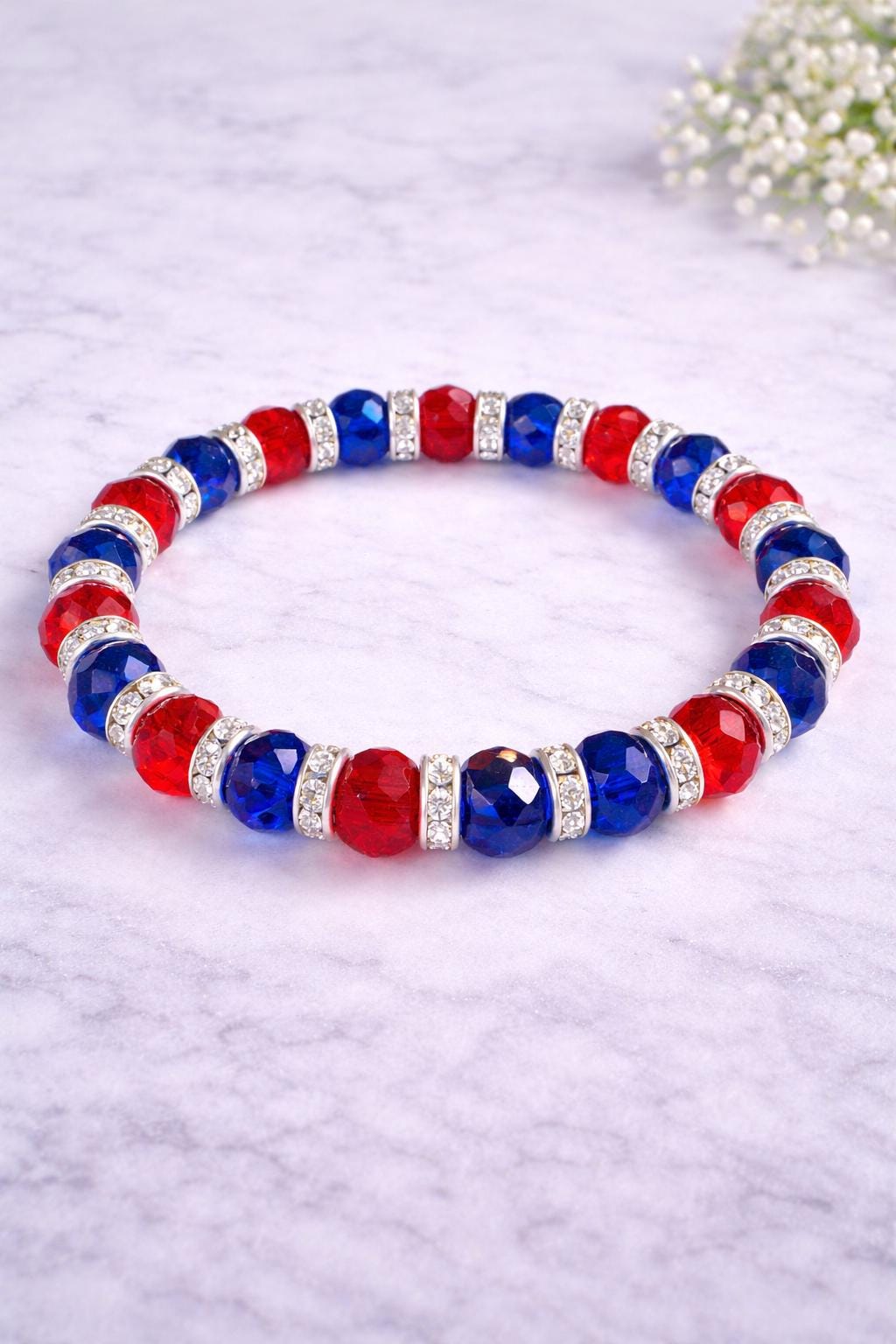 Patriotic Red White Blue Stretch Bracelet – Hypoallergenic Beaded Bracelet, 4th of July Jewelry, Custom Size Comfort Bracelet
