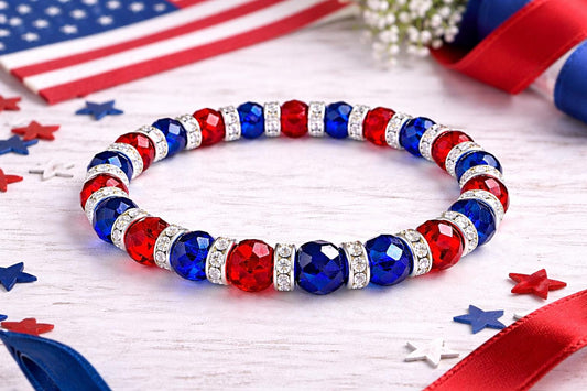 Patriotic Red White Blue Stretch Bracelet – Hypoallergenic Beaded Bracelet, 4th of July Jewelry, Custom Size Comfort Bracelet