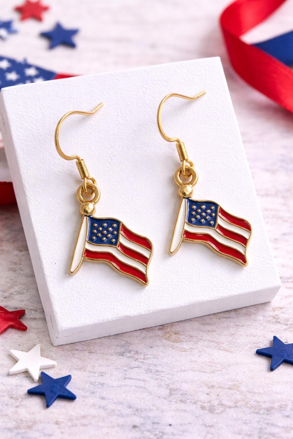 American Flag Dangle Earrings, Small Patriotic Earrings, Lightweight 4th of July Earrings, Gold Tone Hypoallergenic Jewelry