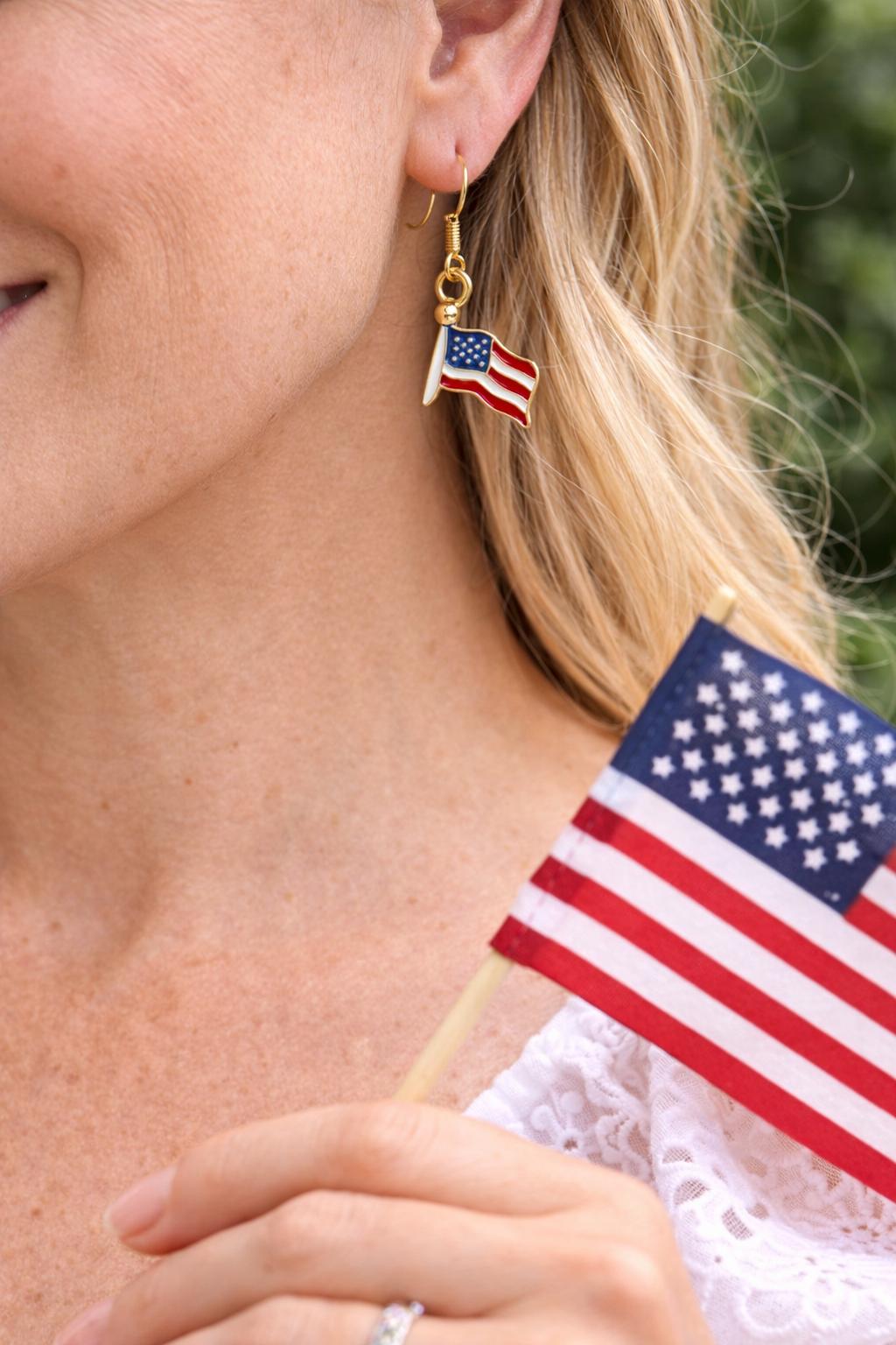 American Flag Dangle Earrings, Small Patriotic Earrings, Lightweight 4th of July Earrings, Gold Tone Hypoallergenic Jewelry