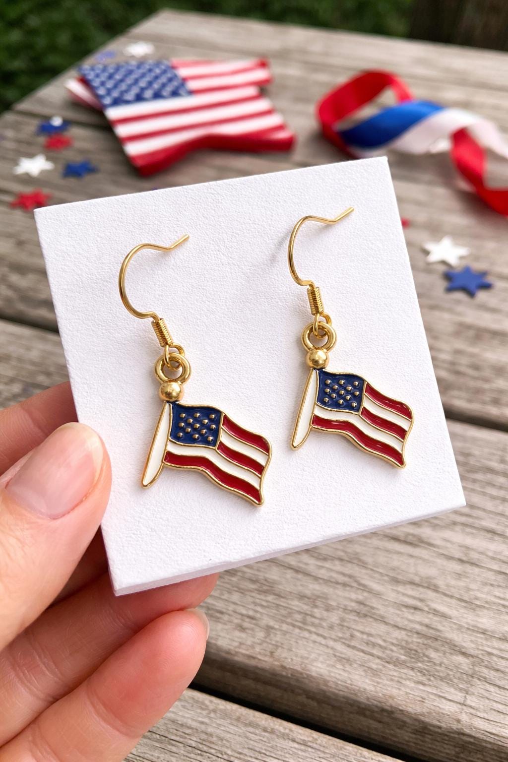 American Flag Dangle Earrings, Small Patriotic Earrings, Lightweight 4th of July Earrings, Gold Tone Hypoallergenic Jewelry