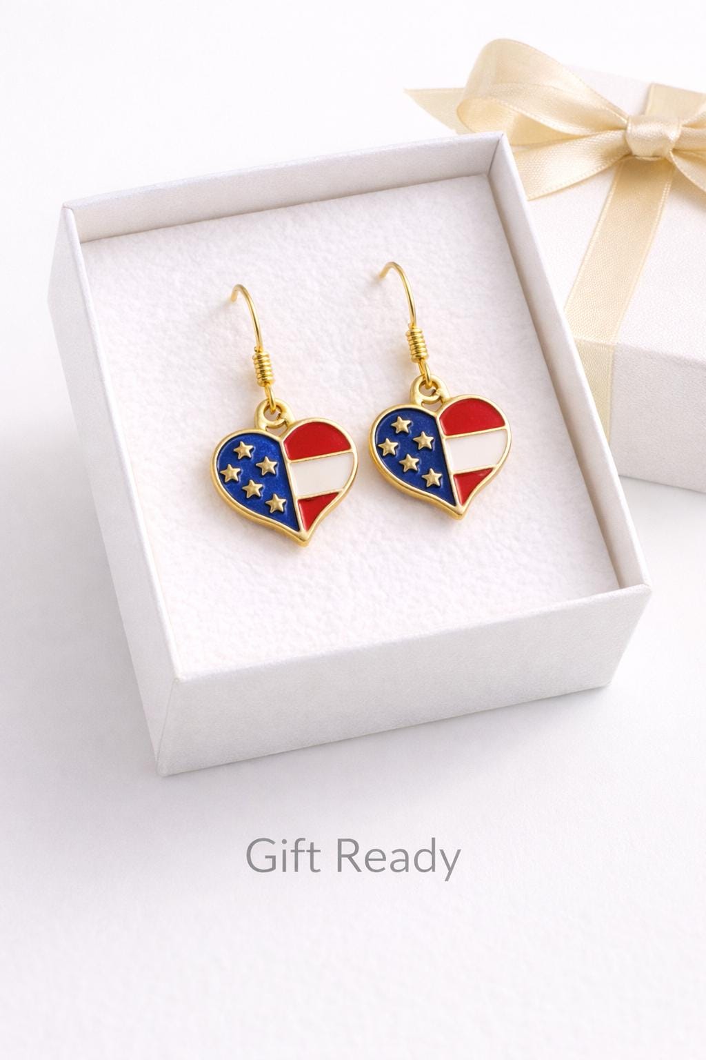 Patriotic Heart Earrings – Red White Blue Dangle Earrings, Gold Heart Earrings for 4th of July, Texas Pride Jewelry Gift