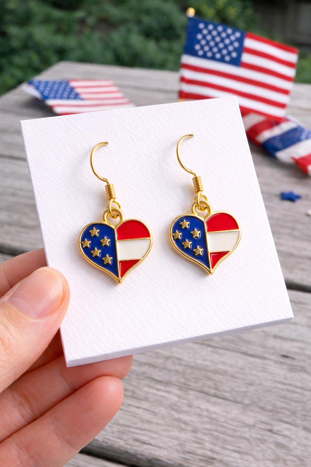 Patriotic Heart Earrings – Red White Blue Dangle Earrings, Gold Heart Earrings for 4th of July, Texas Pride Jewelry Gift