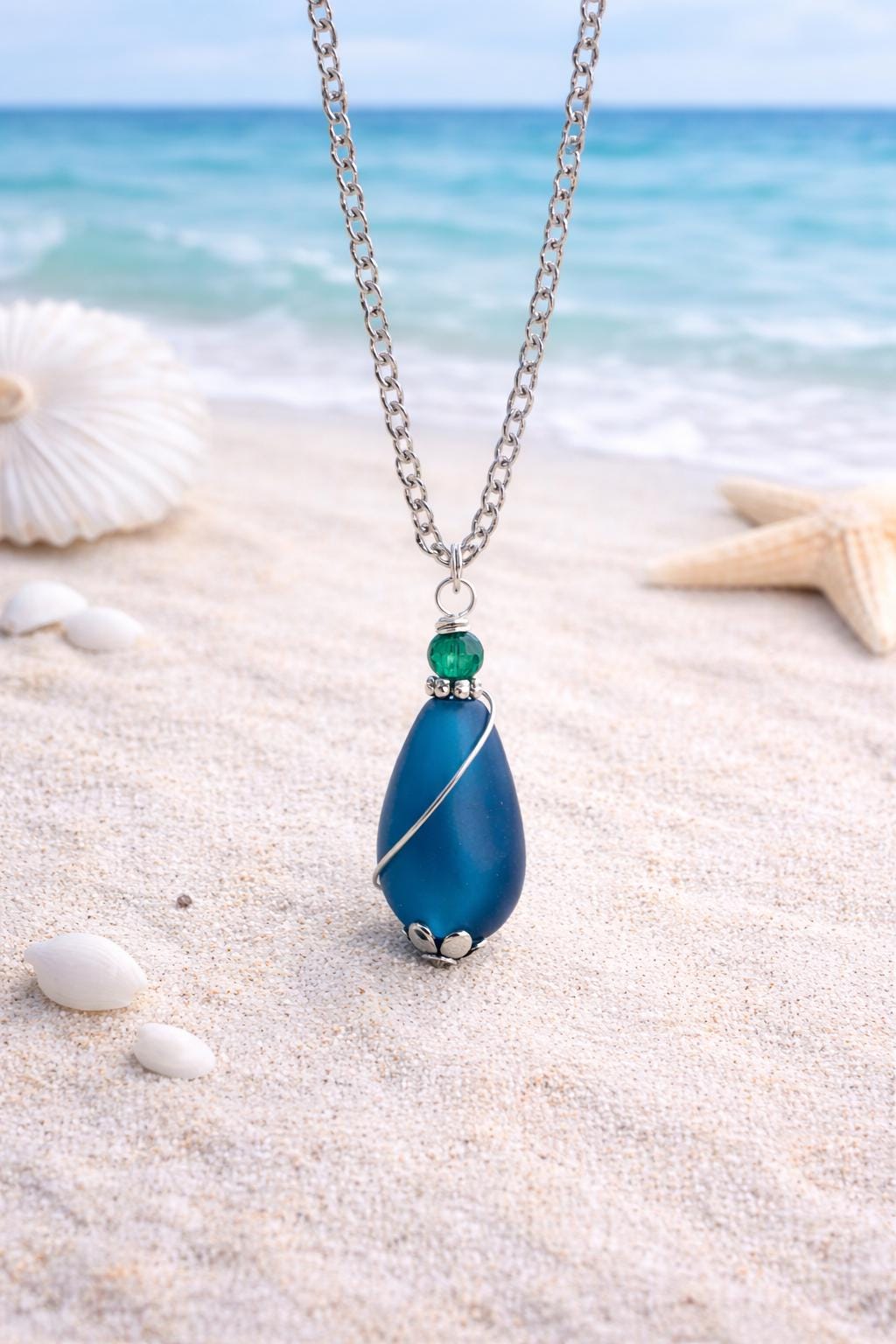 Blue Sea Glass Pendant Necklace, Minimalist Coastal Jewelry