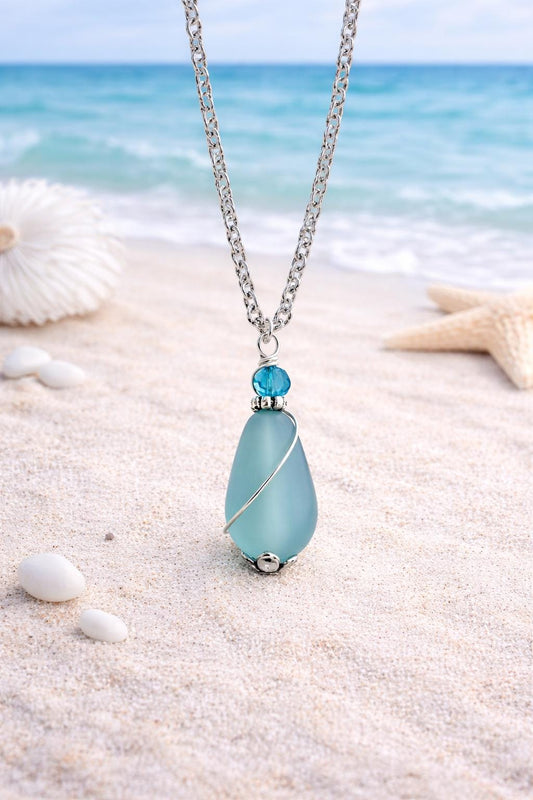 Aqua Sea Glass Necklace, Hypoallergenic Stainless Steel, Coastal Jewelry