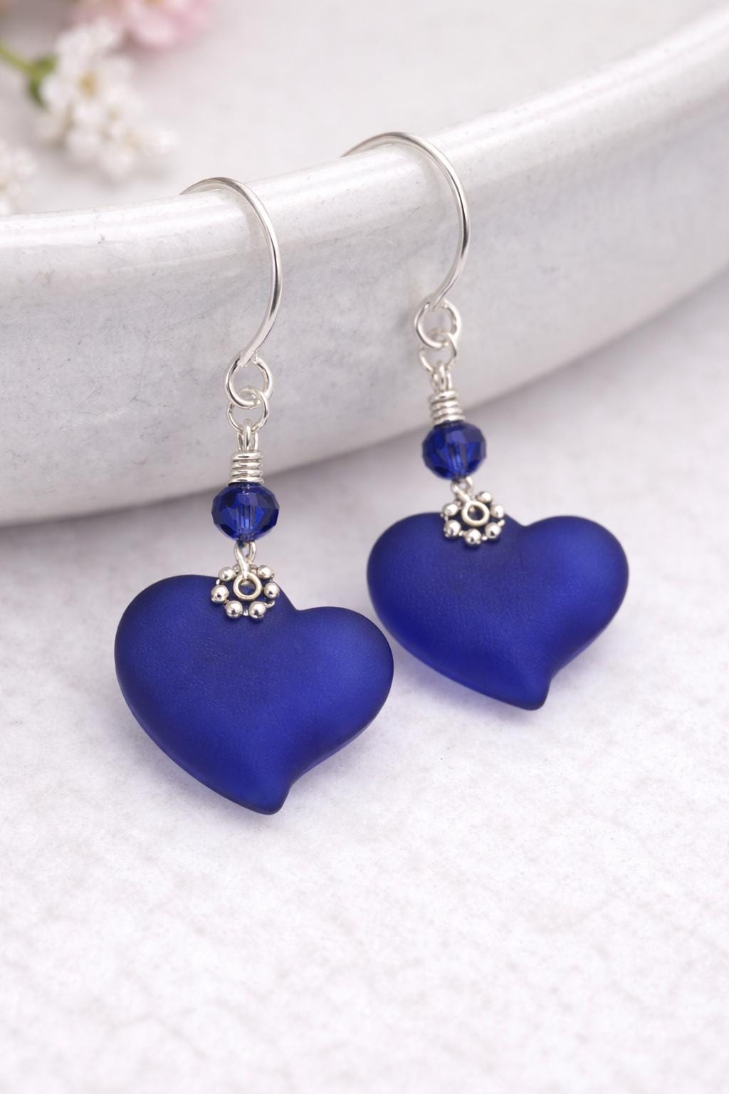 Cobalt Blue Heart Earrings for Women – Handmade Romantic Drop Earrings, Minimalist Love Jewelry, Gift for Girlfriend or Wife