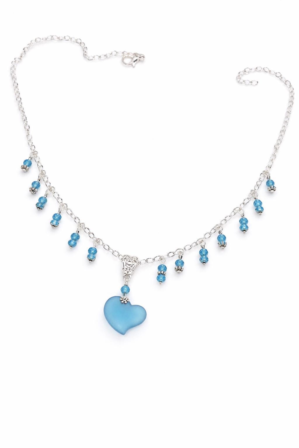 Azure Drop Collar with Dangling Glass Accents, Handmade Silver Chain Jewelry, Adjustable Everyday Accessory