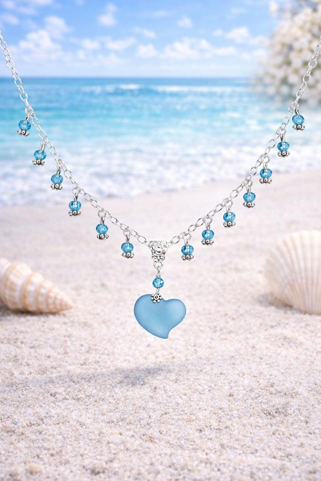 Azure Drop Collar with Dangling Glass Accents, Handmade Silver Chain Jewelry, Adjustable Everyday Accessory
