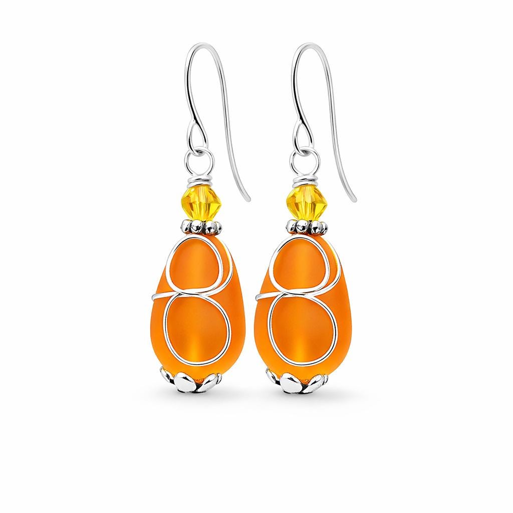 Orange Sea Glass Dangle Earrings: Sterling Silver Teardrop Jewelry