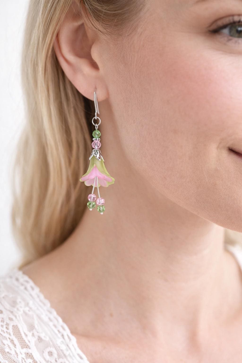 Pink Green Flower Earrings – Soft Pastel Floral Dangle Earrings, Spring Garden Jewelry, Lightweight Handmade Drop Earrings