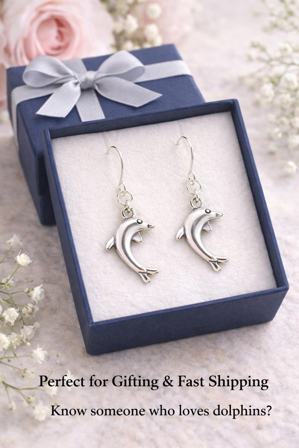 Sterling Silver Dolphin Earrings, Ocean Animal Jewelry for Dolphin Lovers