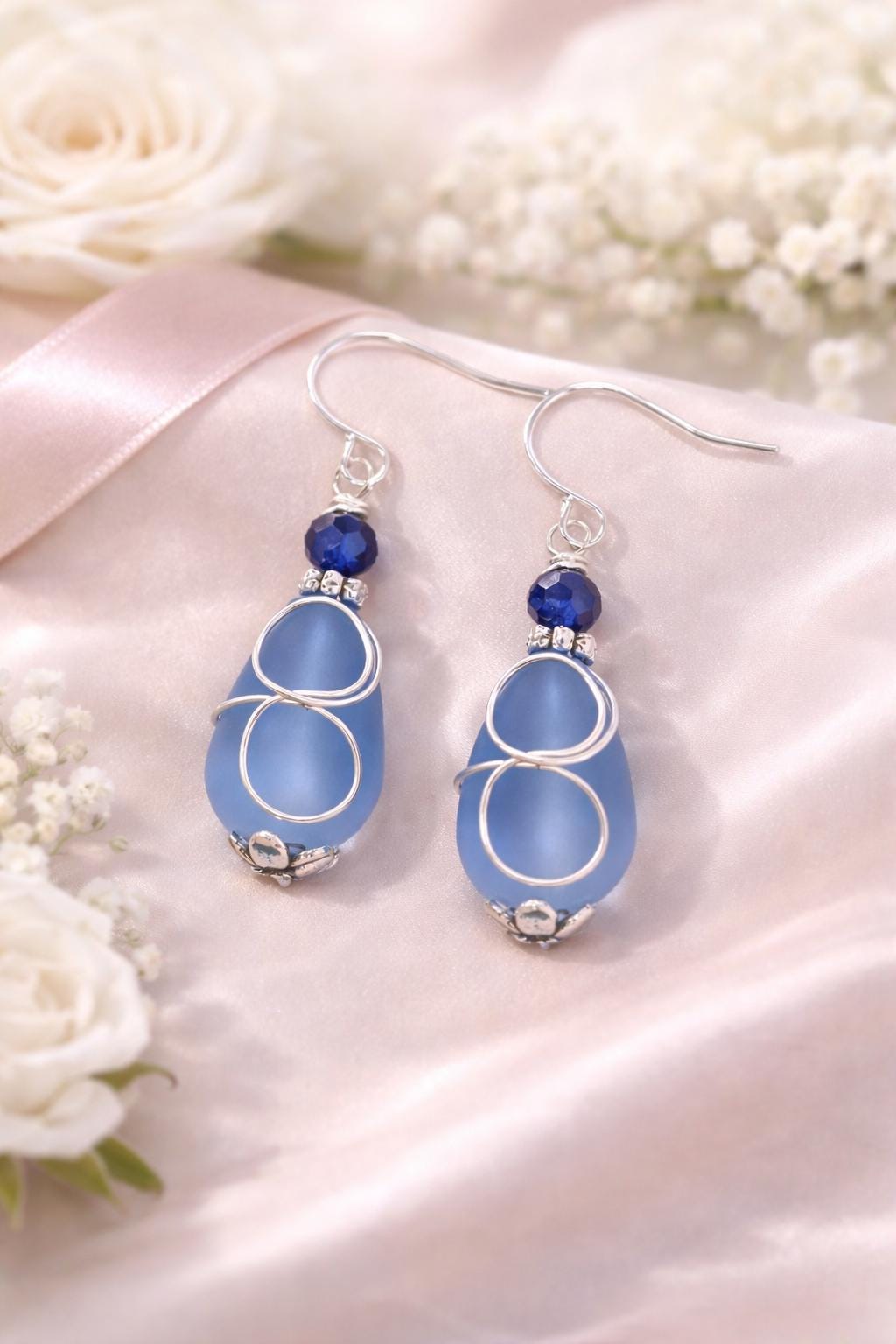 Blue Sea Glass Bridesmaid Earrings Sterling Silver – Beach Wedding Jewelry Gifts