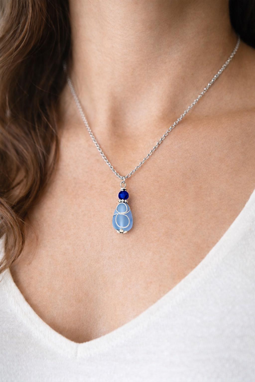 Blue Glass Teardrop Necklace | Stainless Steel Pendant Necklace, Gift for Her