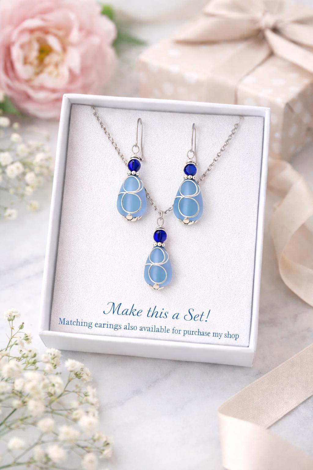 Blue Glass Teardrop Necklace | Stainless Steel Pendant Necklace, Gift for Her