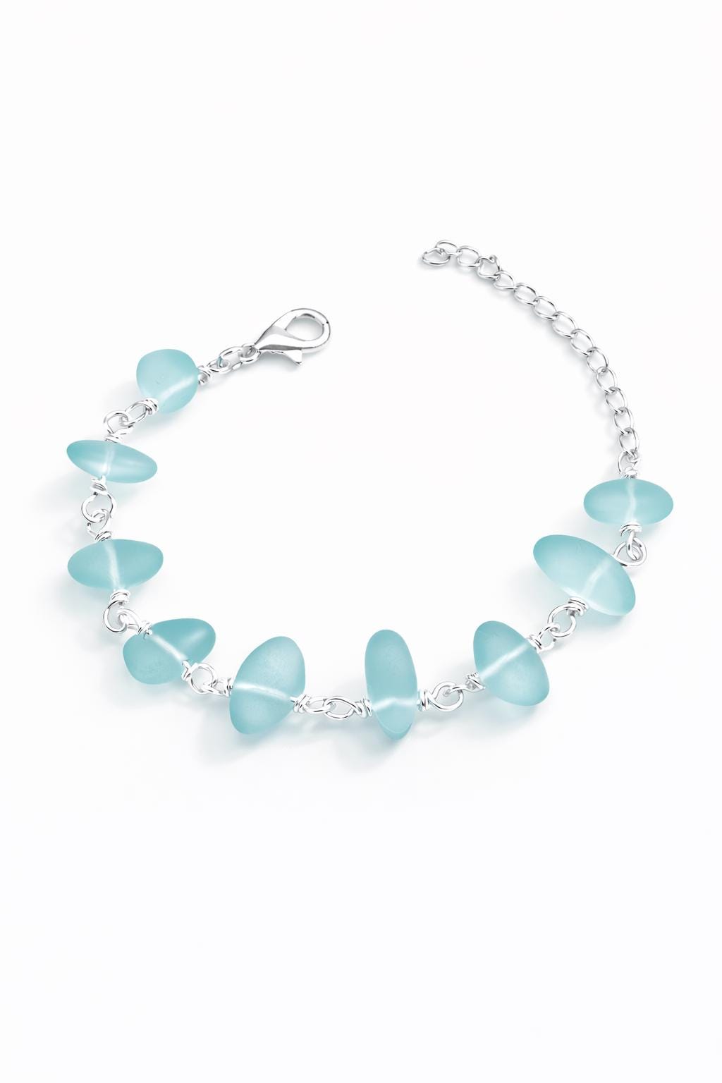 Frosted Aqua Sea Glass Bracelet • Coastal Silver Jewelry • Lightweight Everyday Bracelet • Beach Inspired Gift