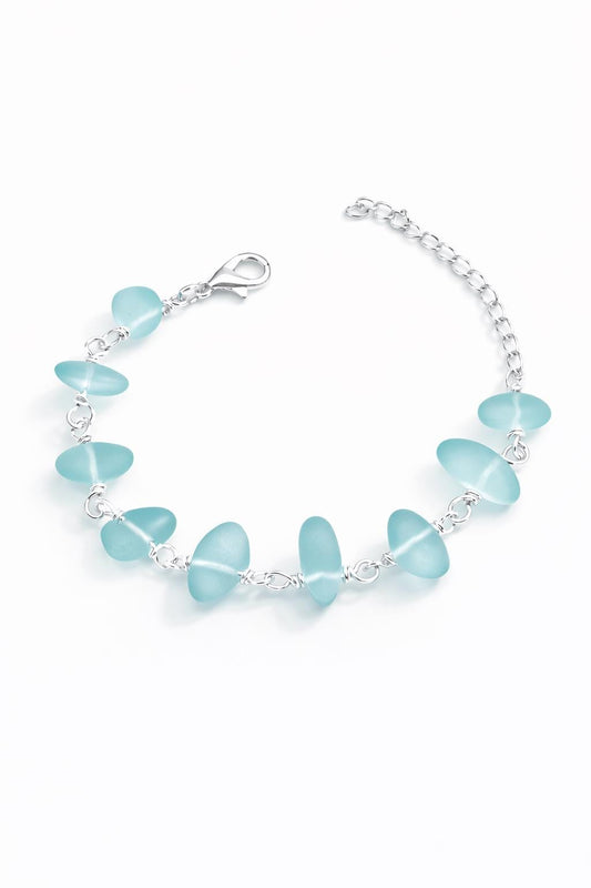 Frosted Aqua Sea Glass Bracelet • Coastal Silver Jewelry • Lightweight Everyday Bracelet • Beach Inspired Gift