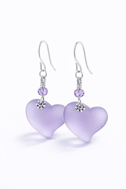 Frosted Lavender Heart Earrings • Light Purple Sea Glass Style • Dainty Silver Drop Earrings • Romantic Gift for Her