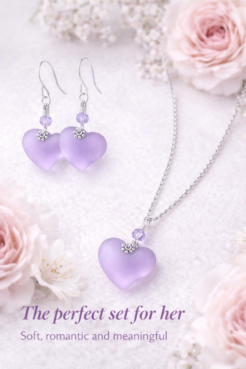 Frosted Lavender Heart Earrings • Light Purple Sea Glass Style • Dainty Silver Drop Earrings • Romantic Gift for Her