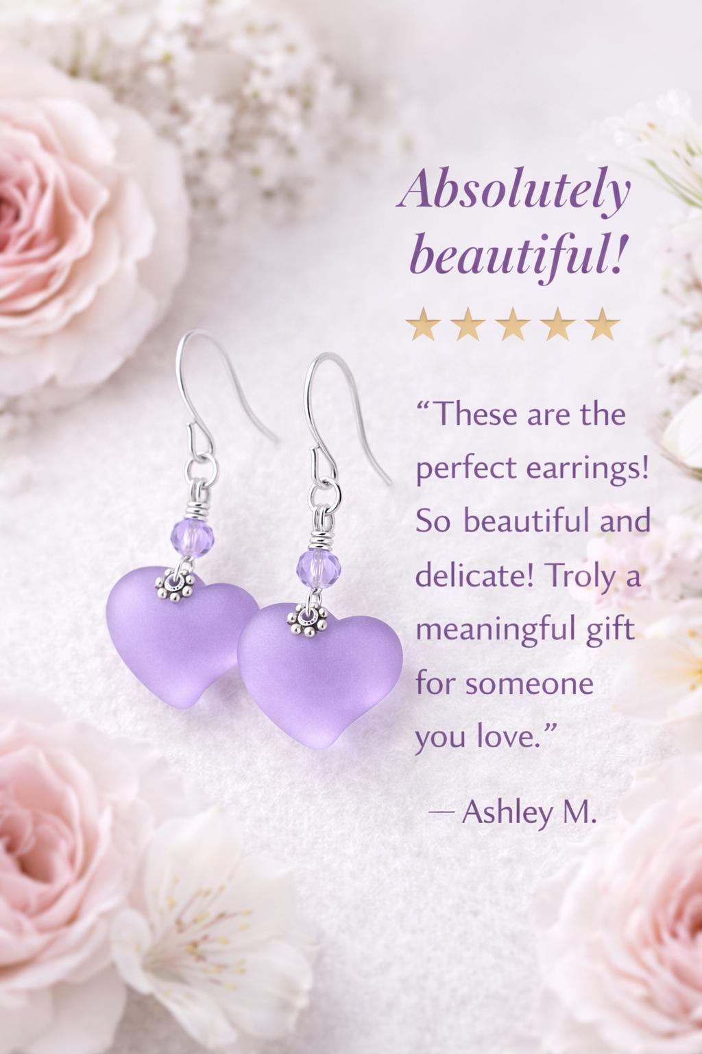 Frosted Lavender Heart Earrings • Light Purple Sea Glass Style • Dainty Silver Drop Earrings • Romantic Gift for Her