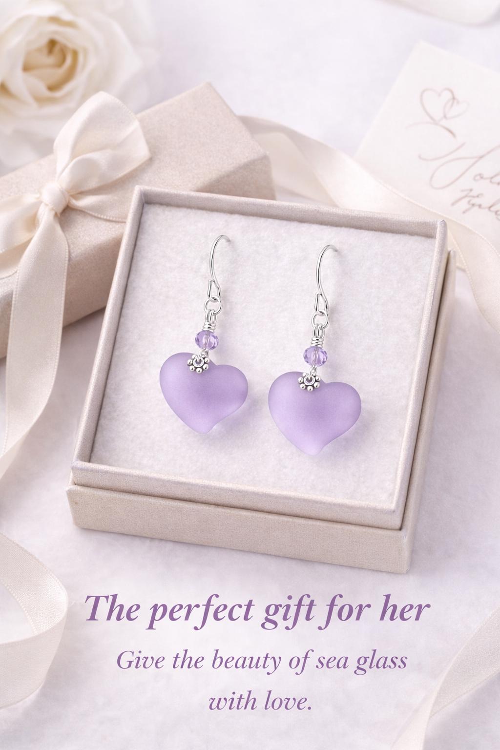 Frosted Lavender Heart Earrings • Light Purple Sea Glass Style • Dainty Silver Drop Earrings • Romantic Gift for Her