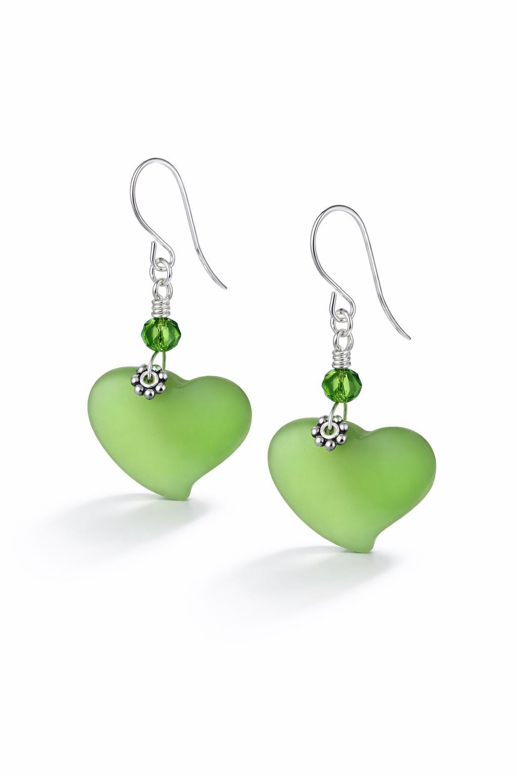 Green Sea Glass Heart Earrings, Frosted Glass Dangle Earrings, Sterling Silver or Silver Plated, Gift for Her, Beach Inspired Jewelry