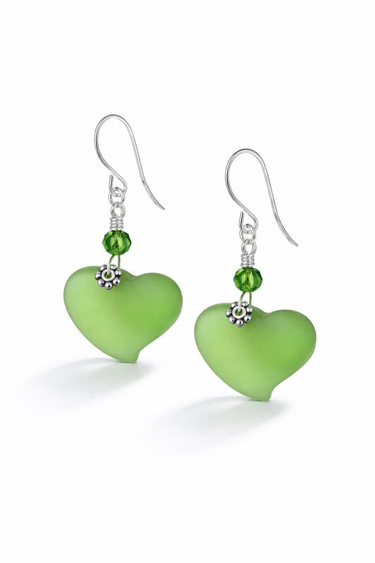 Green Sea Glass Heart Earrings, Frosted Glass Dangle Earrings, Sterling Silver or Silver Plated, Gift for Her, Beach Inspired Jewelry