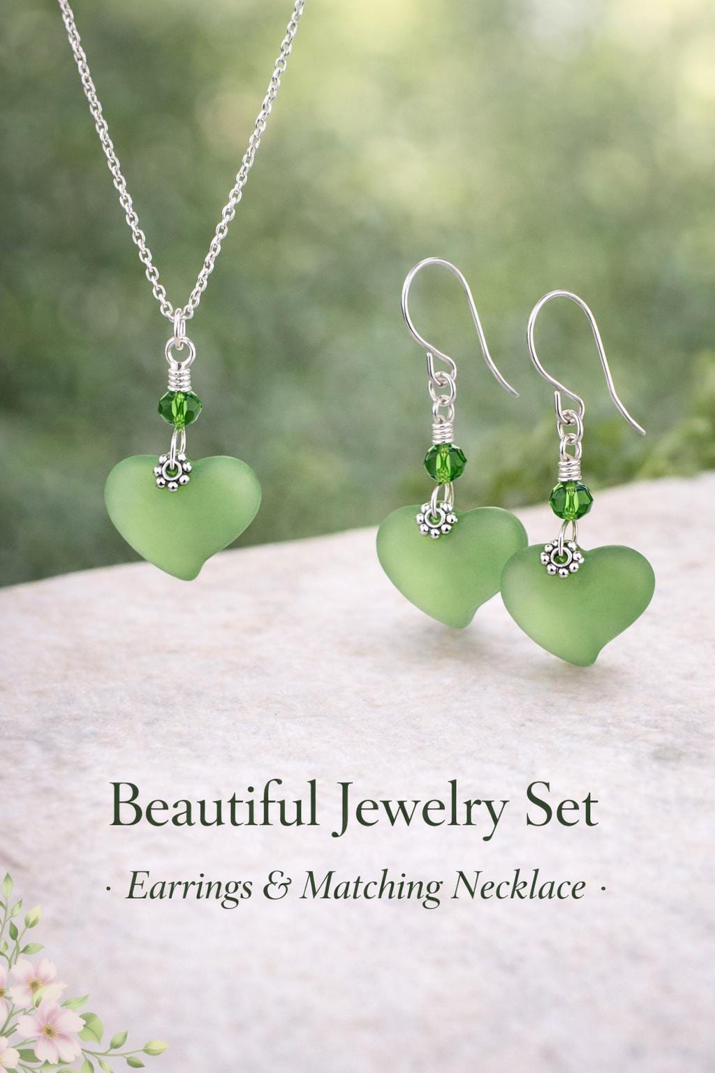 Green Sea Glass Heart Earrings, Frosted Glass Dangle Earrings, Sterling Silver or Silver Plated, Gift for Her, Beach Inspired Jewelry