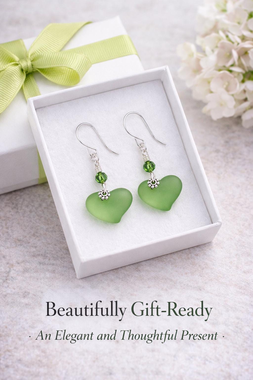 Green Sea Glass Heart Earrings, Frosted Glass Dangle Earrings, Sterling Silver or Silver Plated, Gift for Her, Beach Inspired Jewelry