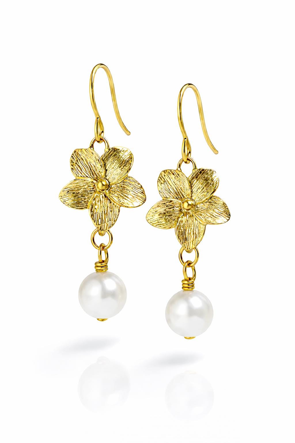 Gold Floral Drop Jewelry with Freshwater Pearl, Elegant Gift, Hook or Leverback Ear Wires