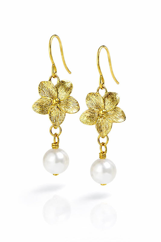 Gold Floral Drop Jewelry with Freshwater Pearl, Elegant Gift, Hook or Leverback Ear Wires