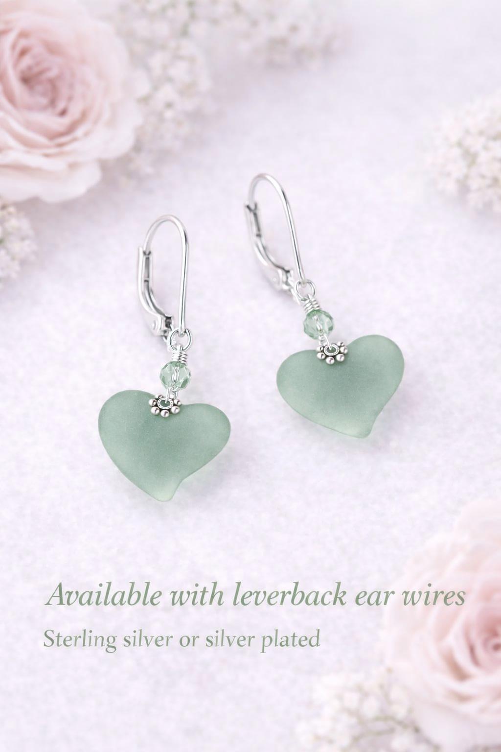 Seafoam Green Sea Glass Heart Earrings, Sterling Silver or Leverback Hooks, Romantic Gift for Her, Beach Jewelry