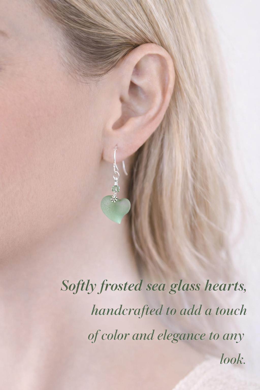 Seafoam Green Sea Glass Heart Earrings, Sterling Silver or Leverback Hooks, Romantic Gift for Her, Beach Jewelry