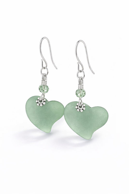 Seafoam Green Sea Glass Heart Earrings, Sterling Silver or Leverback Hooks, Romantic Gift for Her, Beach Jewelry