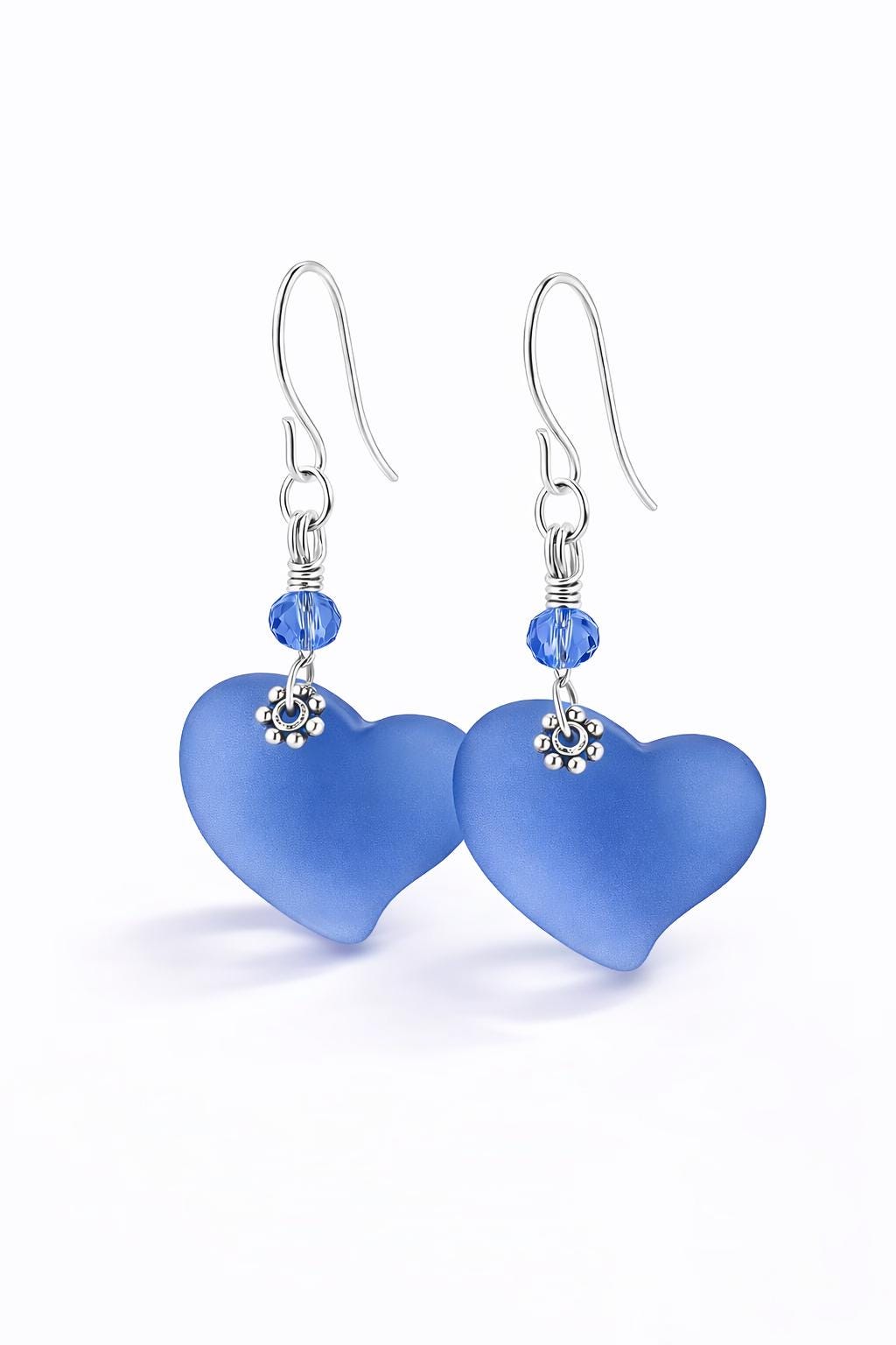 Frosted Blue Sea Glass Heart Earrings, Sterling Silver Leverback Earrings, Romantic Beach Jewelry Gift for Her