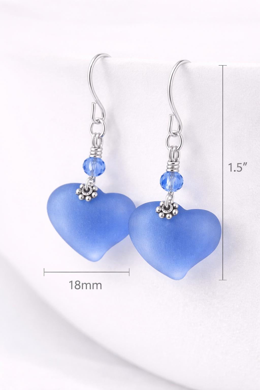 Frosted Blue Sea Glass Heart Earrings, Sterling Silver Leverback Earrings, Romantic Beach Jewelry Gift for Her