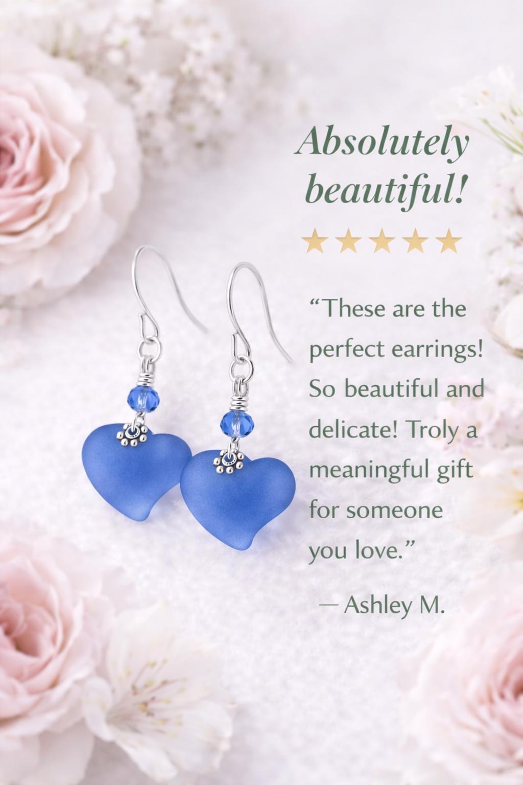 Frosted Blue Sea Glass Heart Earrings, Sterling Silver Leverback Earrings, Romantic Beach Jewelry Gift for Her