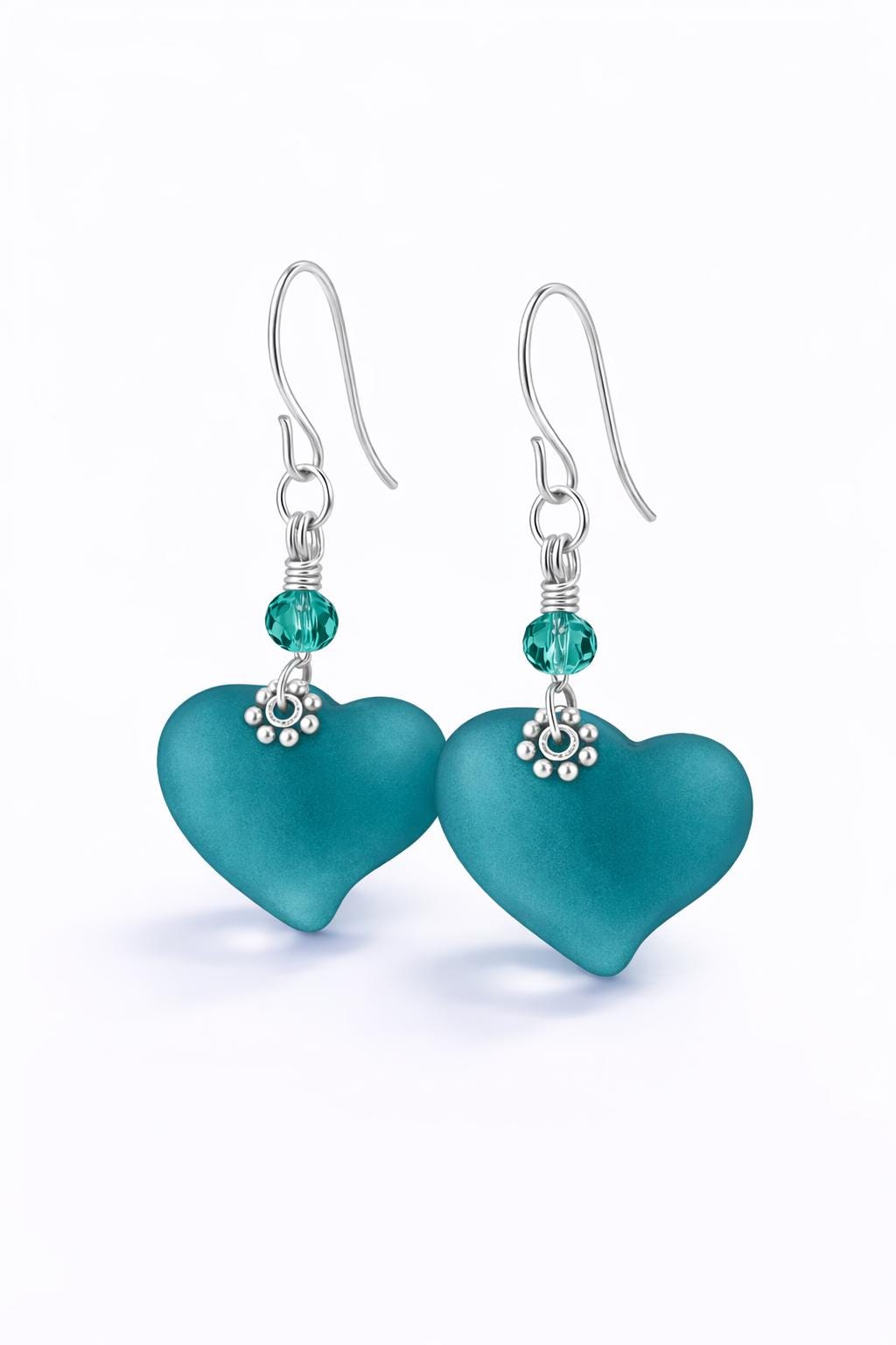 Teal Sea Glass Heart Earrings, Frosted Blue Heart Dangles, Beach Jewelry Gift for Her, Sterling Silver Leverback Earrings