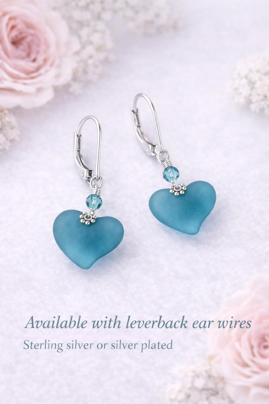 Teal Sea Glass Heart Earrings, Frosted Blue Heart Dangles, Beach Jewelry Gift for Her, Sterling Silver Leverback Earrings