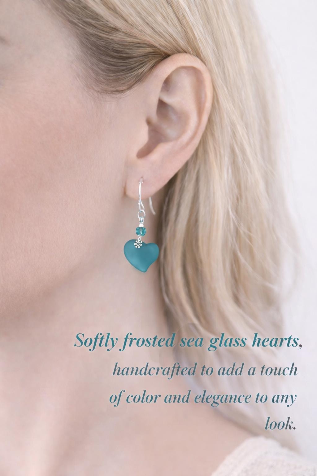 Teal Sea Glass Heart Earrings, Frosted Blue Heart Dangles, Beach Jewelry Gift for Her, Sterling Silver Leverback Earrings