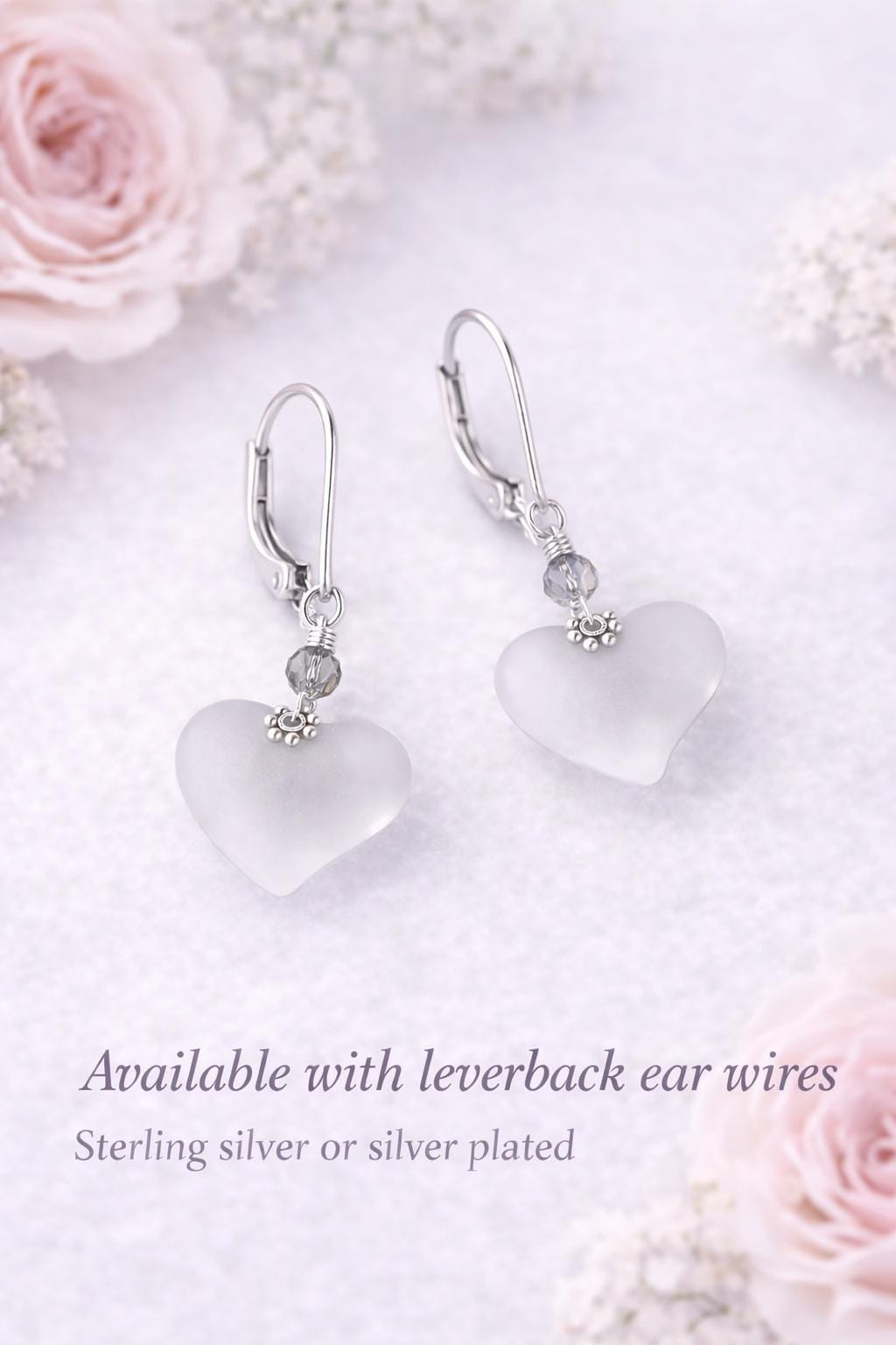 Clear Sea Glass Heart Earrings, Crystal Heart Dangle Earrings, Frosted Glass Jewelry Gift for Her, Sterling Silver Hook or Leverback