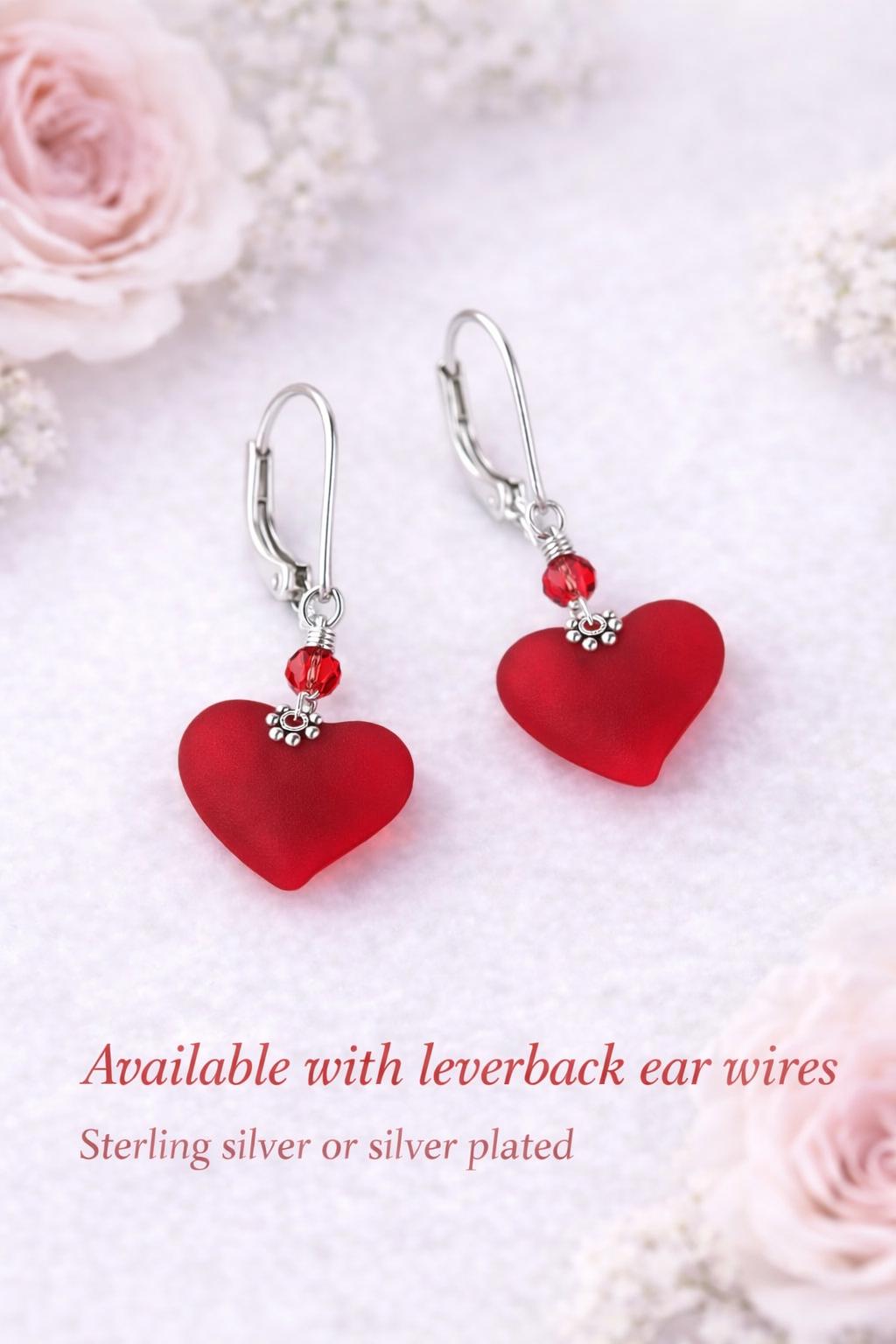 Red Sea Glass Heart Earrings – Frosted Heart Dangle Earrings, Romantic Jewelry Gift for Her, Hook or Leverback