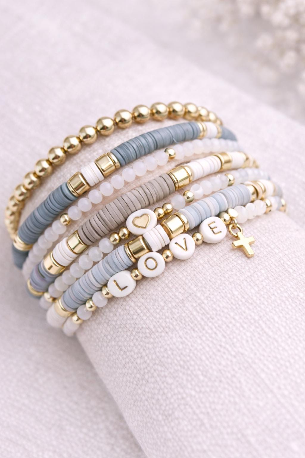 Neutral Beaded Bracelet Stack for Women – Gold Gray White Stretch Bracelets, Minimalist Stacking Jewelry, Everyday Gift for Her