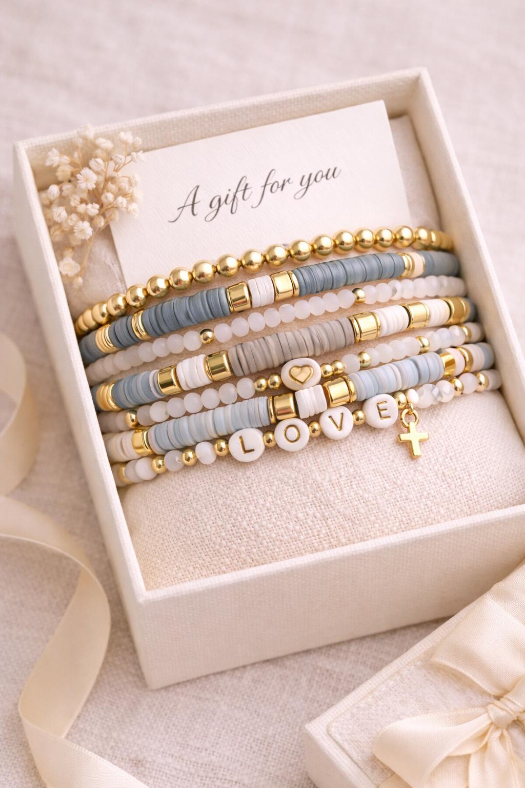 Neutral Beaded Bracelet Stack for Women – Gold Gray White Stretch Bracelets, Minimalist Stacking Jewelry, Everyday Gift for Her
