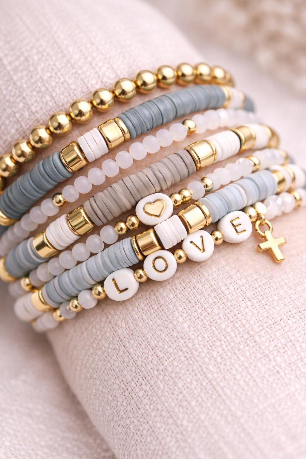 Neutral Beaded Bracelet Stack for Women – Gold Gray White Stretch Bracelets, Minimalist Stacking Jewelry, Everyday Gift for Her