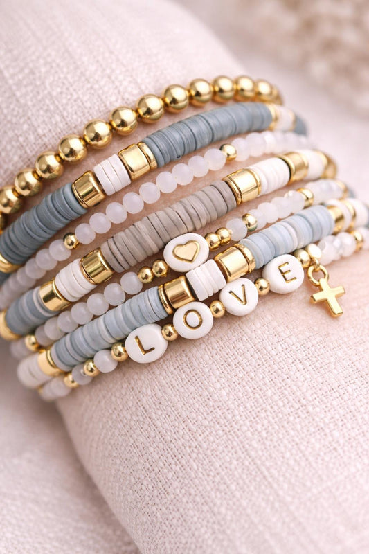 Neutral Beaded Bracelet Stack for Women – Gold Gray White Stretch Bracelets, Minimalist Stacking Jewelry, Everyday Gift for Her