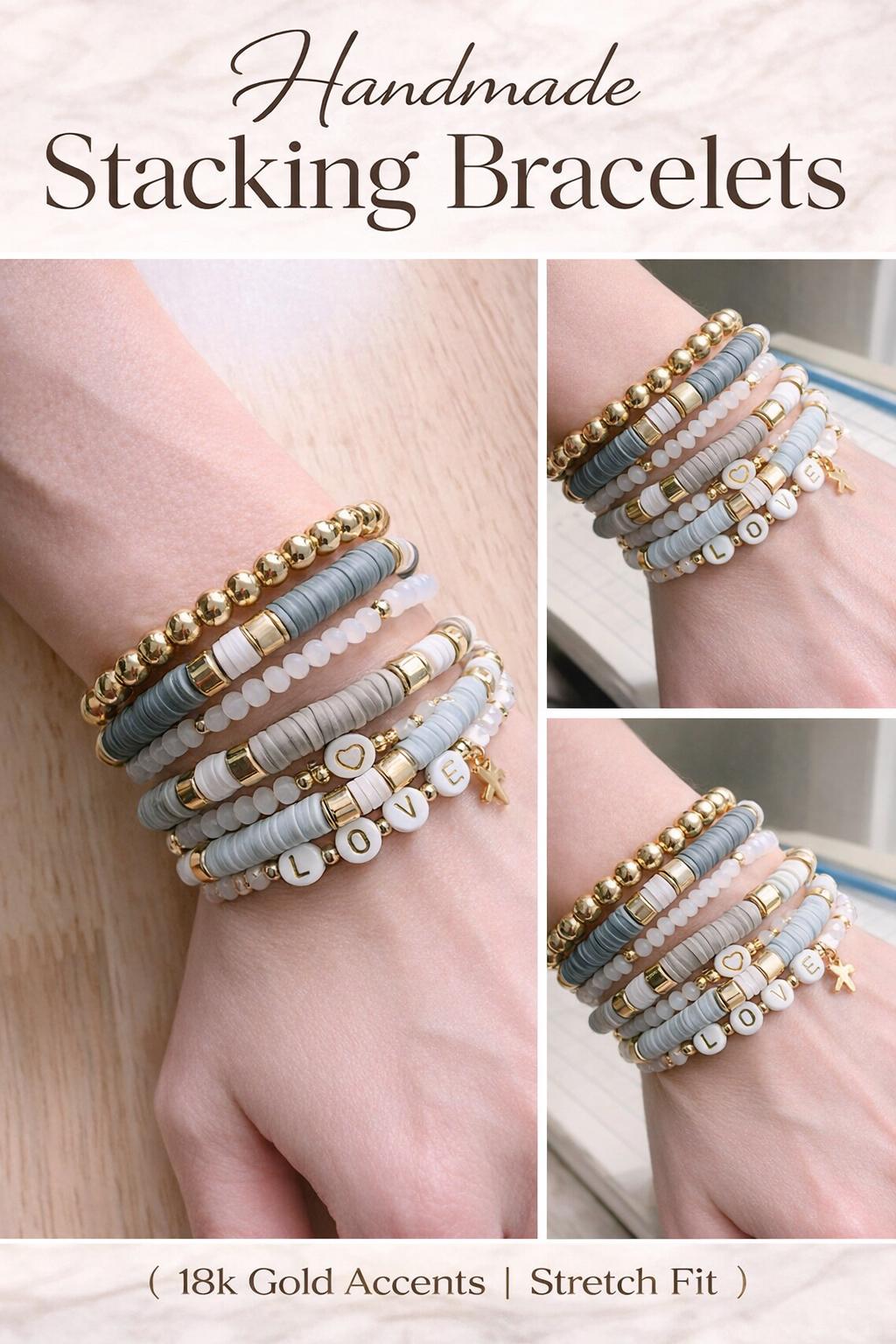 Neutral Beaded Bracelet Stack for Women – Gold Gray White Stretch Bracelets, Minimalist Stacking Jewelry, Everyday Gift for Her