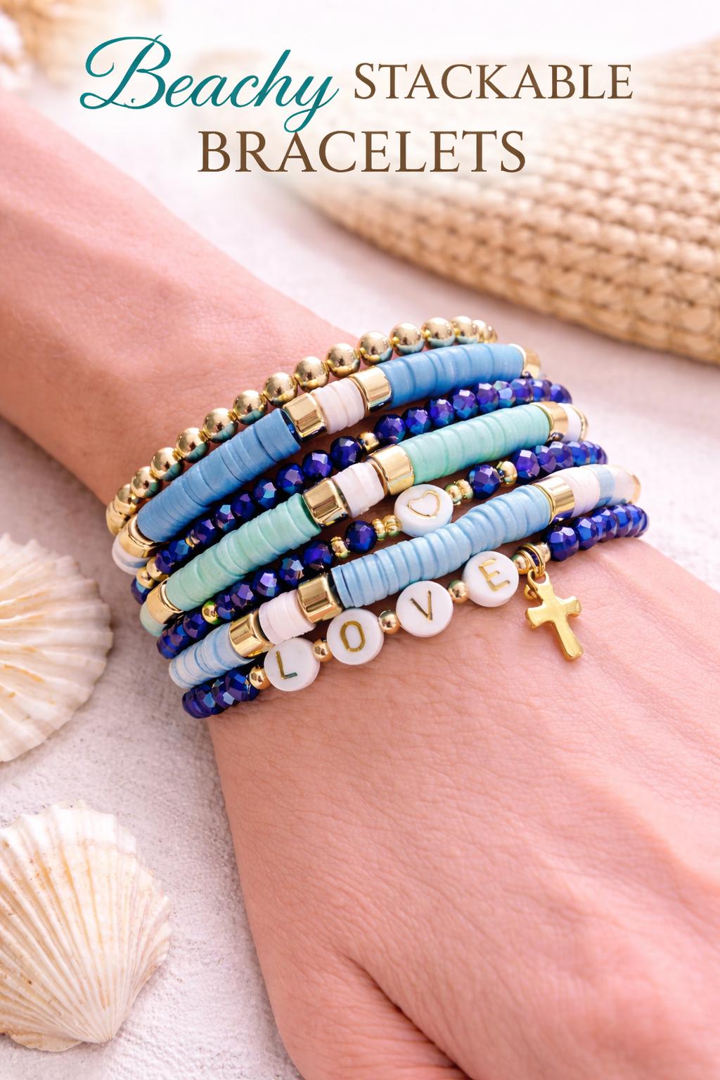 Faith Inspired Stackable Bracelets for Women – Blue & Gold Stretch Bracelet Set, Christian Jewelry Gift, Encouragement Bracelet Stack