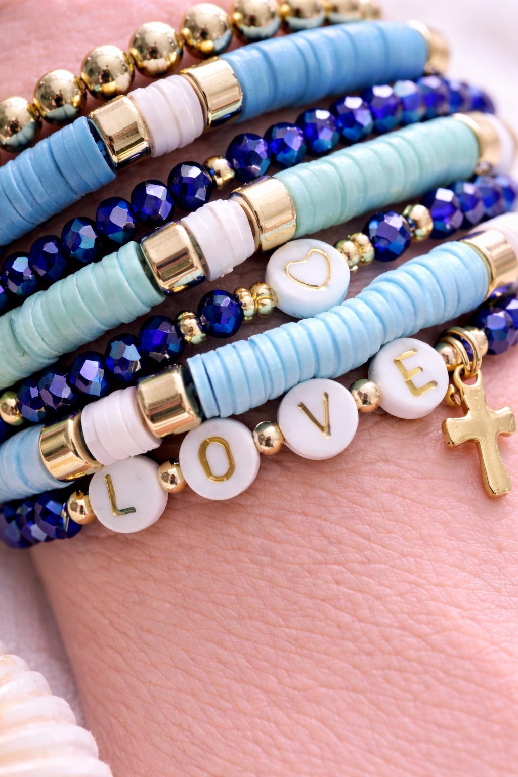 Faith Inspired Stackable Bracelets for Women – Blue & Gold Stretch Bracelet Set, Christian Jewelry Gift, Encouragement Bracelet Stack